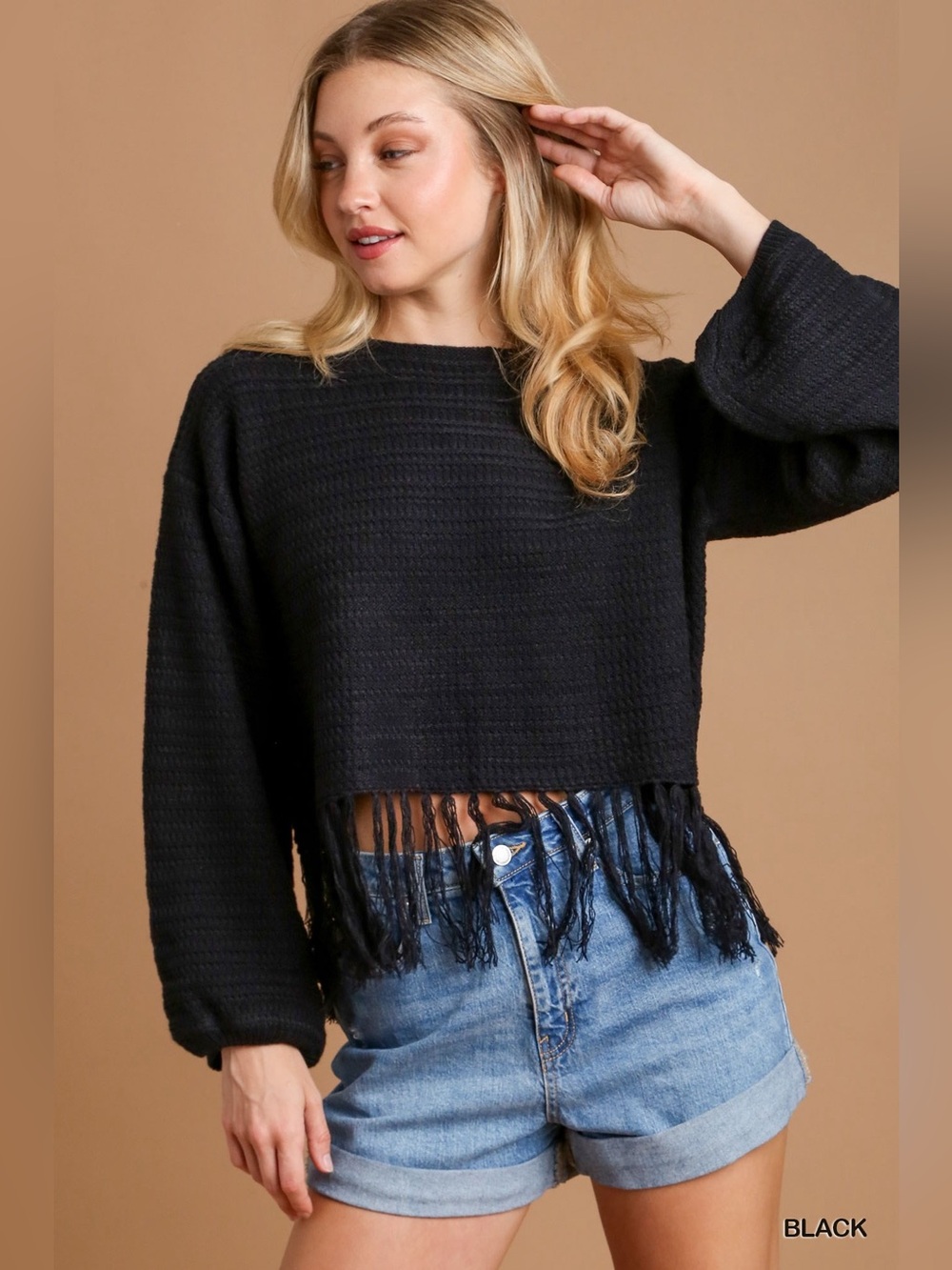 Umgee Crochet Knit Crop Top with Frey Hem